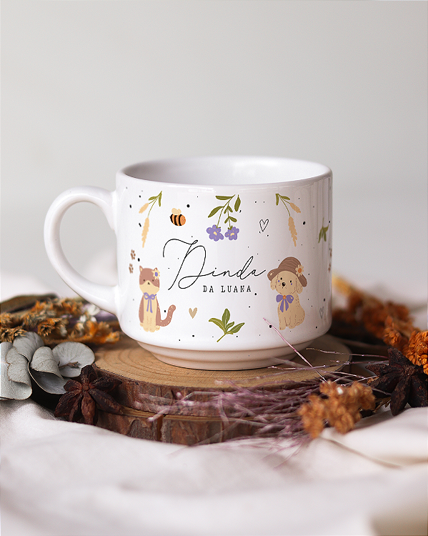 Xícara personalizada ilustração cachorro e gato jardim