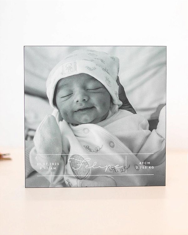 Quadro de mesa informações nascimento do bebê personalizado com foto #2 20x20cm