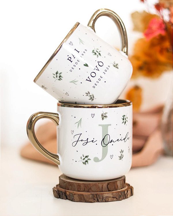 Caneca nobelle gold personalizada pai e avô com datas - folhagem verde 400mL