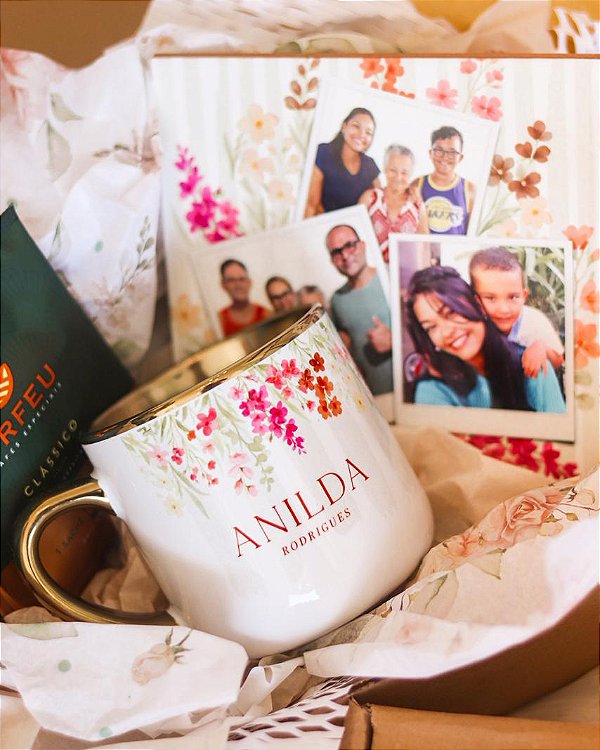 Kit Presente Jardim Rosé azulejo 15x15cm + caneca nobelle jardim rosé + café orfeu