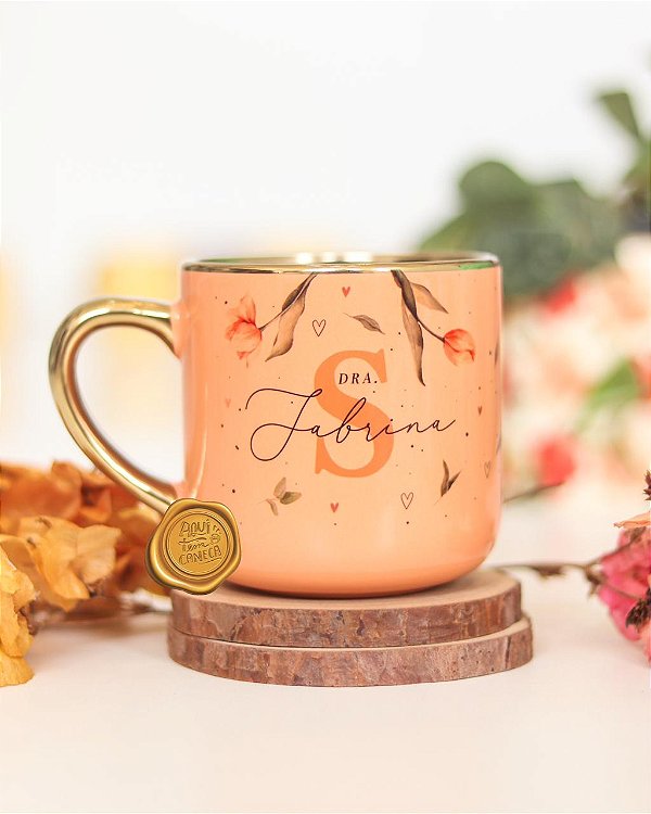 Caneca nobelle gold salmão personalizada tulipas 400mL