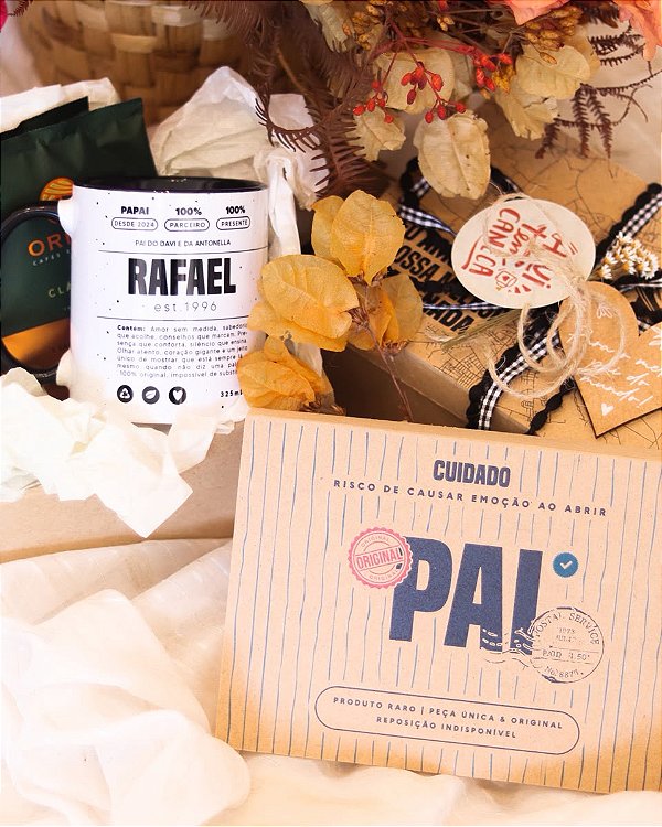 Kit caneca rótulo + caixa de mdf personalizada + café dripp coffee