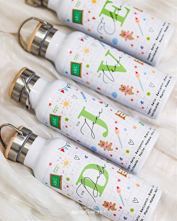 Garrafa Térmica Personalizada Tampa de Bambu para Professora 500mL – Desenhos Infantis