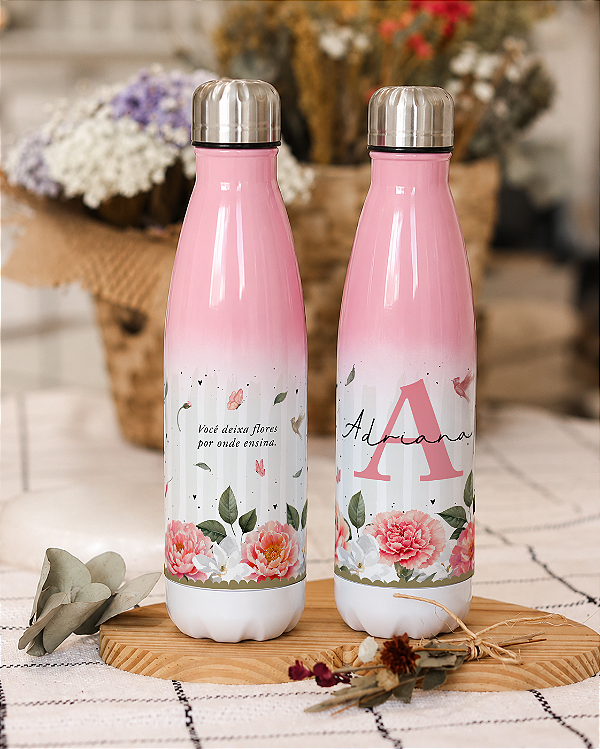 Garrafa Urbana Degradê Rosa Floral com Nome e Frase 500mL