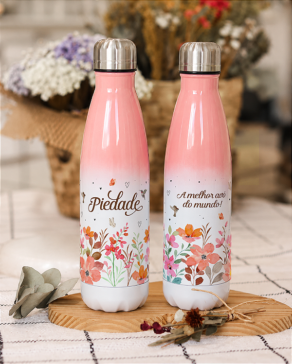 Garrafa Urbana Degradê Salmão Floral com Nome e Frase 500mL