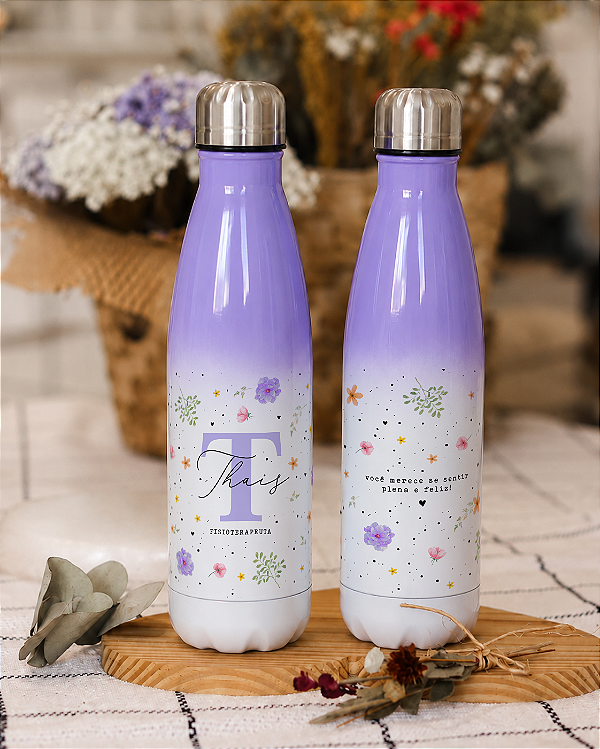Garrafa Urbana Degradê Lilás Floral com Nome e Frase 500mL
