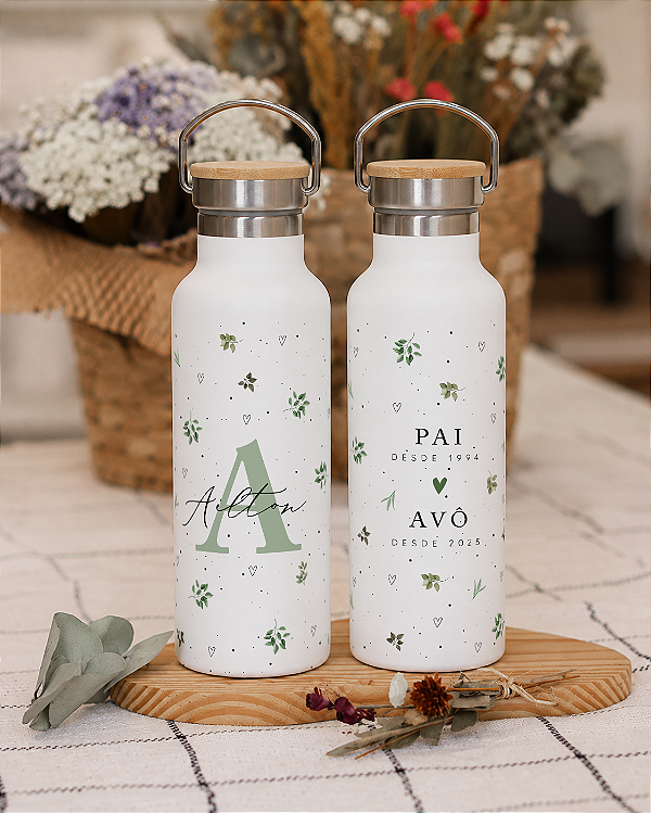 Garrafa Térmica Personalizada Tampa de Bambu Plantas Delicadas com Datas 500mL