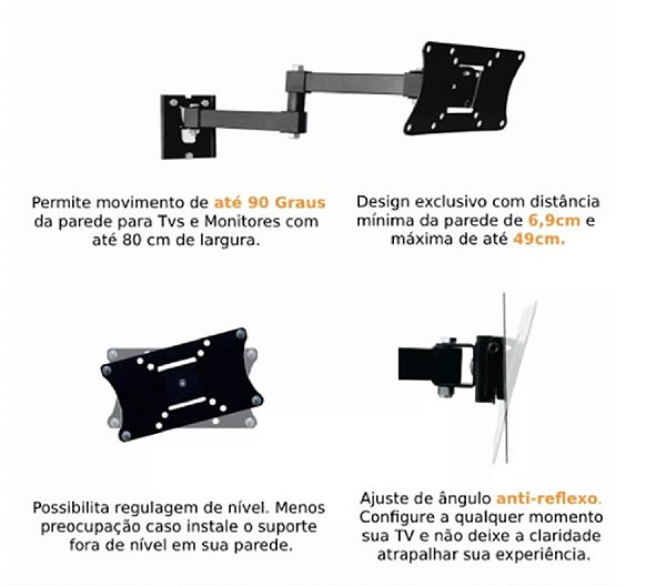Suporte TV Articulado Longo Preto Ajuste Fácil para TVs 15” a 32”