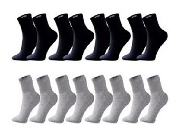 Kit 12 Pares Meias Cinzas e Pretas Cano Alto Longo Sport Algodão