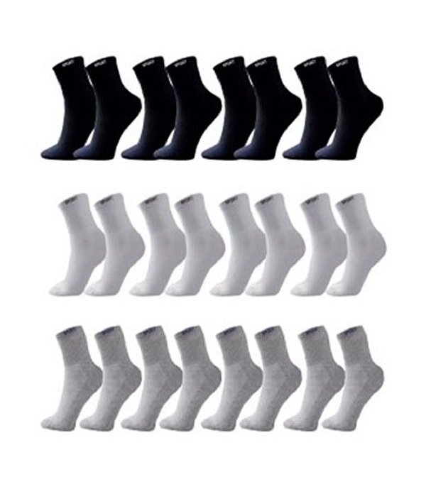 Kit 12 Pares Meias 3 cores Brancas Cinzas e Pretas Cano Alto Longo Sport Algodão