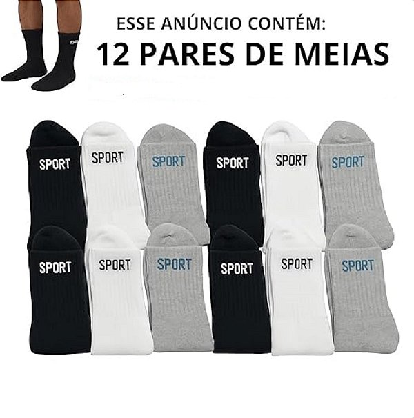 Kit 12 Pares Meias 3 Cores Cano Alto Longo Sport Algodão