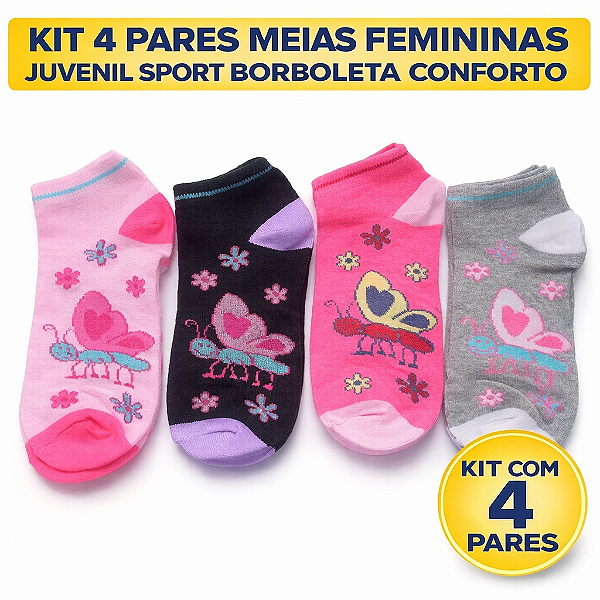 Kit 4 Pares Meias Femininas Juvenil Sport Coloridas Conforto