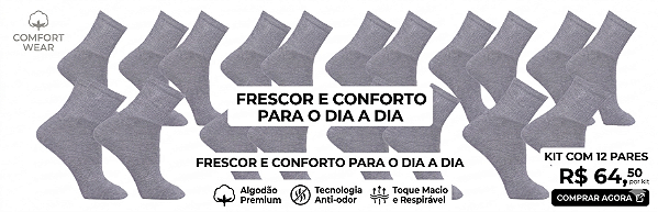 KIT 12 PARES MEIAS CINZA LISA UNISSEX CONFORTÁVEL