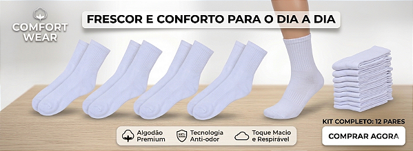 KIT 12 PARES MEIAS BRANCAS LISAS UNISSEX CONFORTÁVEL