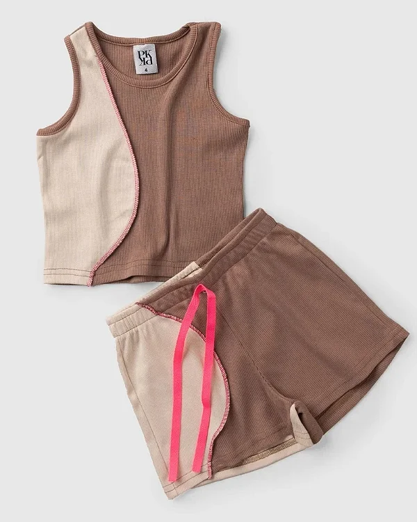 CONJUNTO FEMININO INFANTIL COSTURA CONTRASTE MARROM