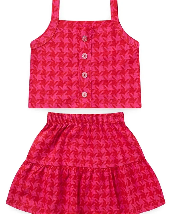 Conjunto Infantil Feminino Botão Xadrez Rosa