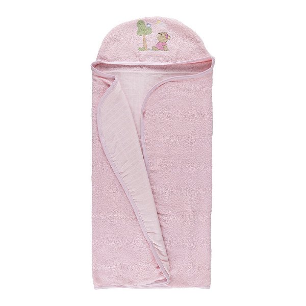 Toalha Para Bebes Com Fralda Macia e Capuz Bordado Rosa (CCABABY001)