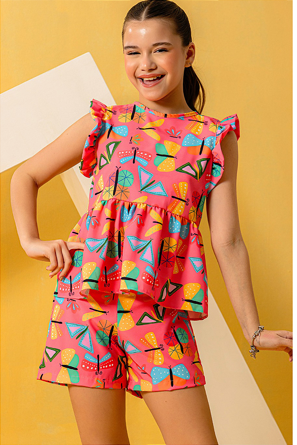 Conjunto Infantil Menina Chantal Estampado Laranja (Short + Batinha) (1040127422