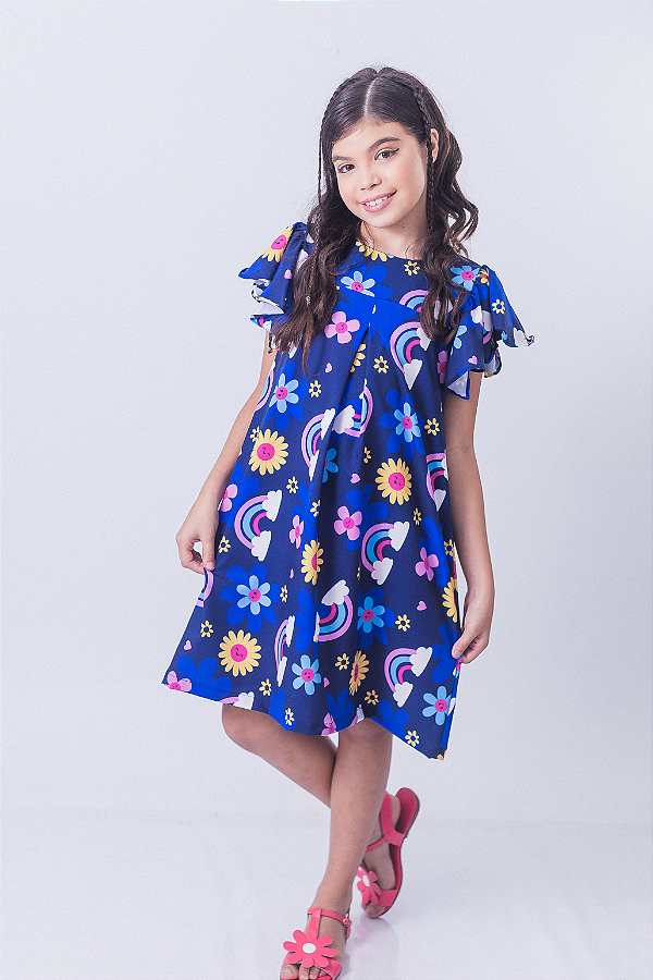 Vestido Infantil Valentina Estampado Azul Tamanho:4 (1040127559)