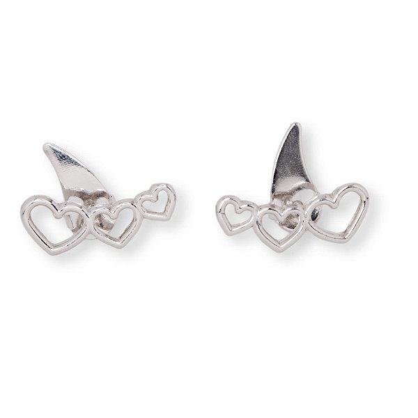 Brinco Earcuff Três Corações Banho Ródio Branco