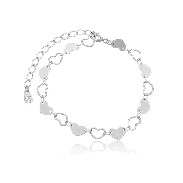 Pulseira Corações Vazado e Liso Banho Ródio Branco