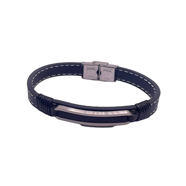 Bracelete em Couro com Faixas em Aço Inox