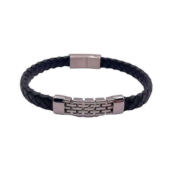 Bracelete em Couro Trançado com Detalhes em Aço Inox