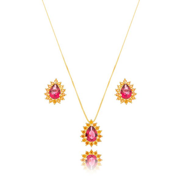 Conjunto Gota Laranja e Rubelita Banho Ouro 18k
