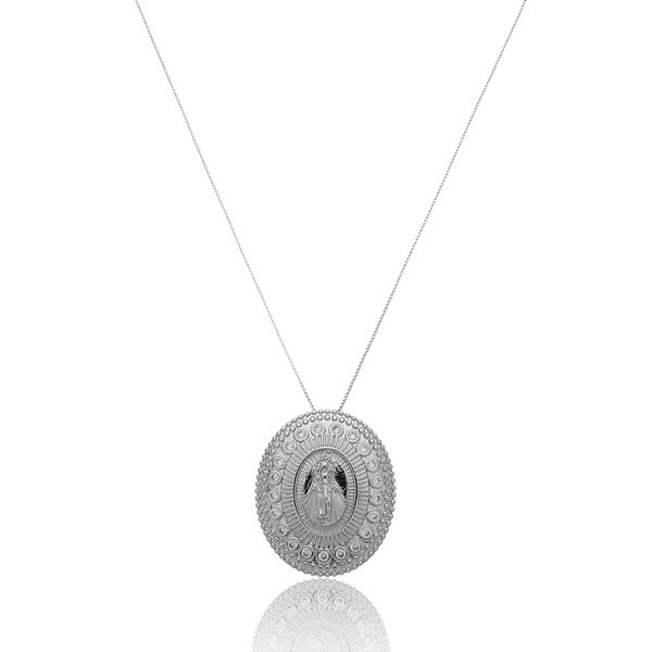 Colar Medalhão Nossa Senhora Banho Ródio Branco