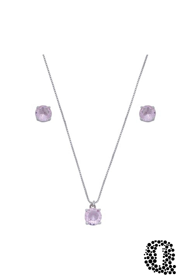 Conjunto Redondo Rosa Quartzo Ródio Branco