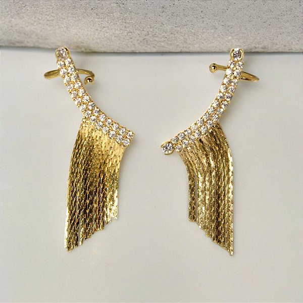 Brinco Ear Cuff Franja com Zircônia Banho Ouro 18k