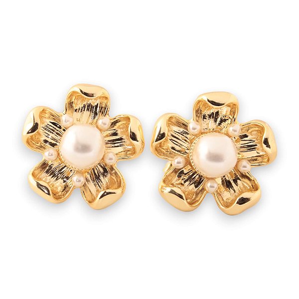 Brinco Flor com Pérolas Banho Ouro 18k