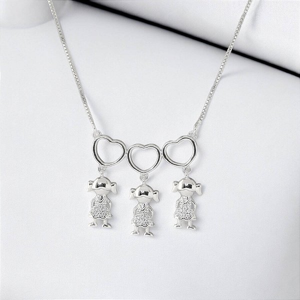 Colar 3 Meninas com Zircônia Banho Ródio Branco
