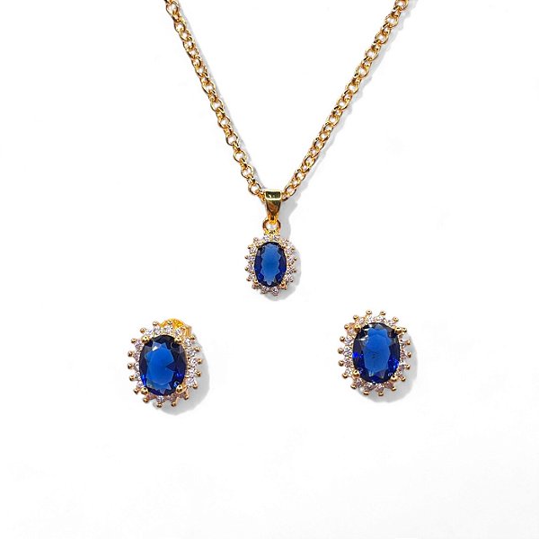 Conjunto Azul Cravejado com Zircônias Folheado Ouro 18k