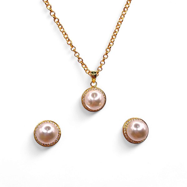 Conjunto Pérola Cravejado com Zircônias Folheado Ouro 18k