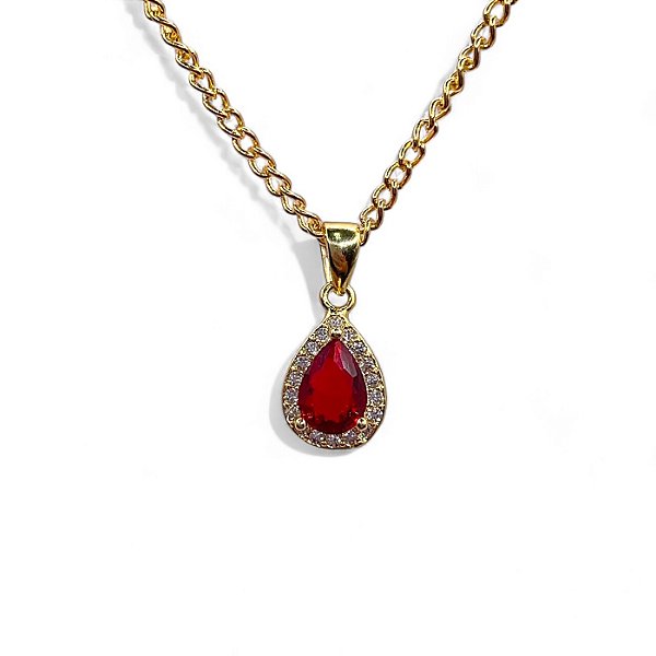Colar Gota Rubi Cravejado Folheado Ouro 18k