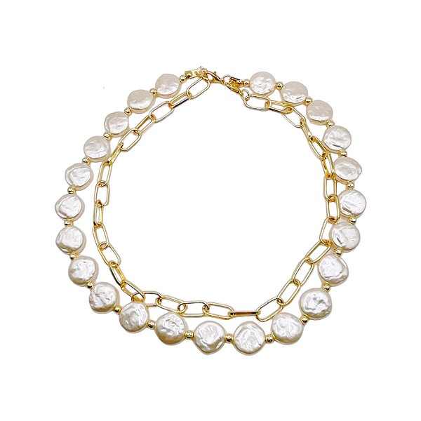 Choker Dupla Pérolas Batidas com Elos Cartier Folheado Ouro 18k