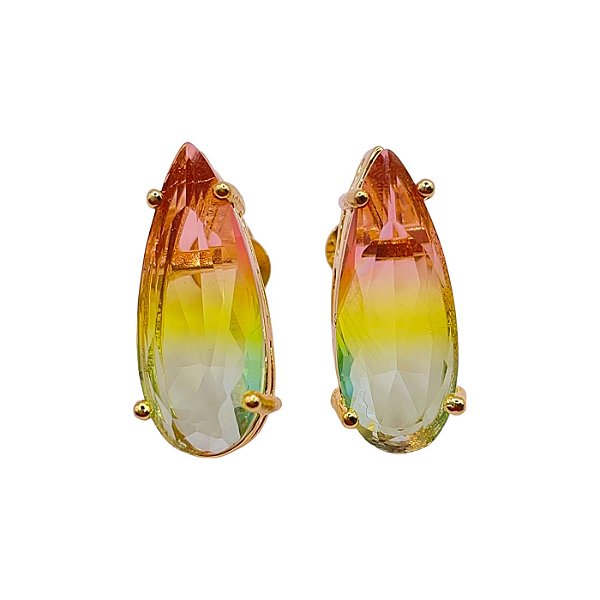 Brinco Gota Cristal Furta-cor Folheado Ouro 18k