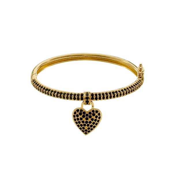 Bracelete Coração com Zircônias Pretas Banho Ouro 18K