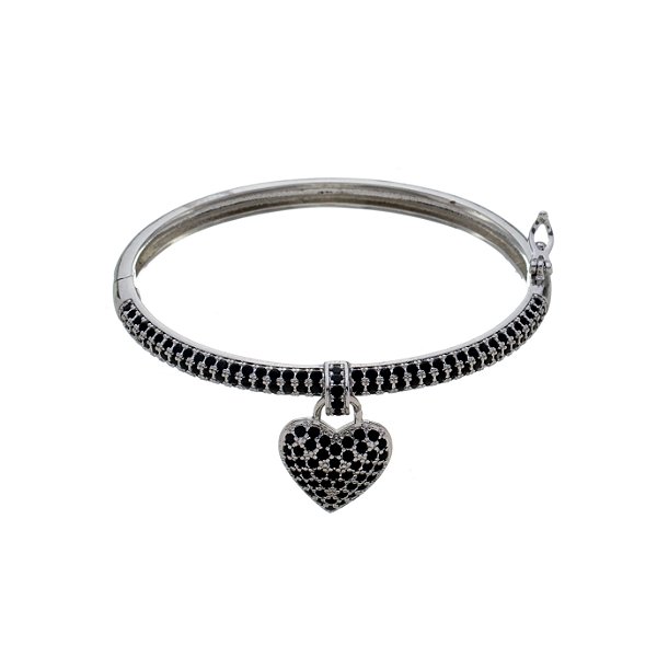 Bracelete Coração com Zircônias Pretas Banho Ródio Branco