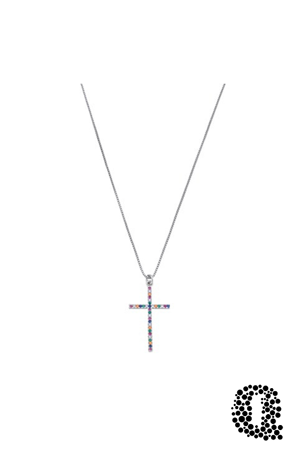 Colar Cruz com Zircônias Multicor Banho Ródio Branco