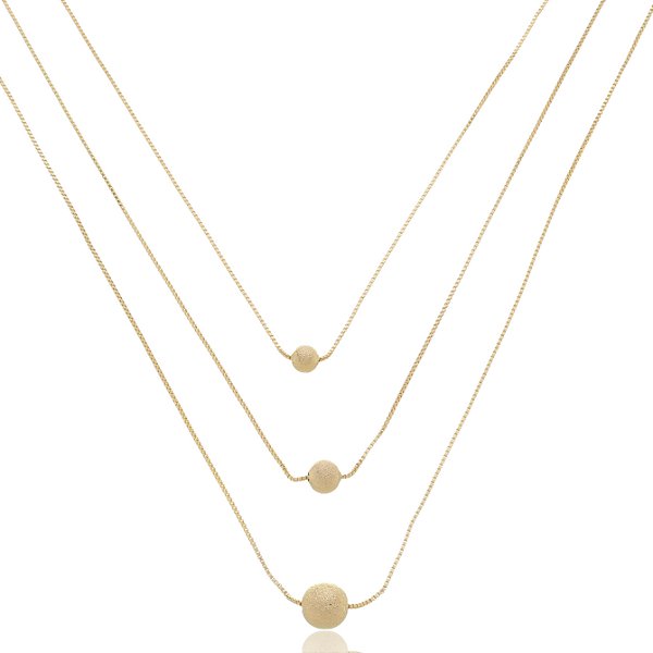 Colar Triplo Esferas Diamantadas Banho Ouro 18k