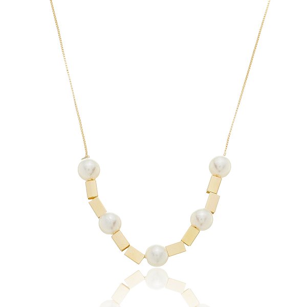 Colar Quadrado com Pérolas Banho Ouro 18k