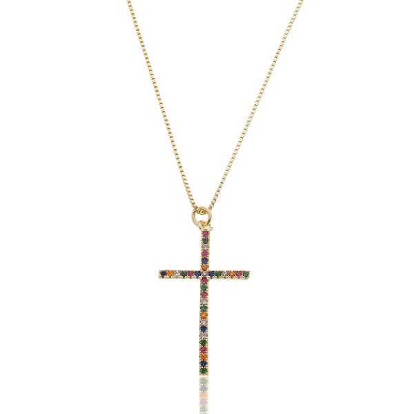 Colar Cruz Cravejado com Zircônias Multicor Banho Ouro 18k