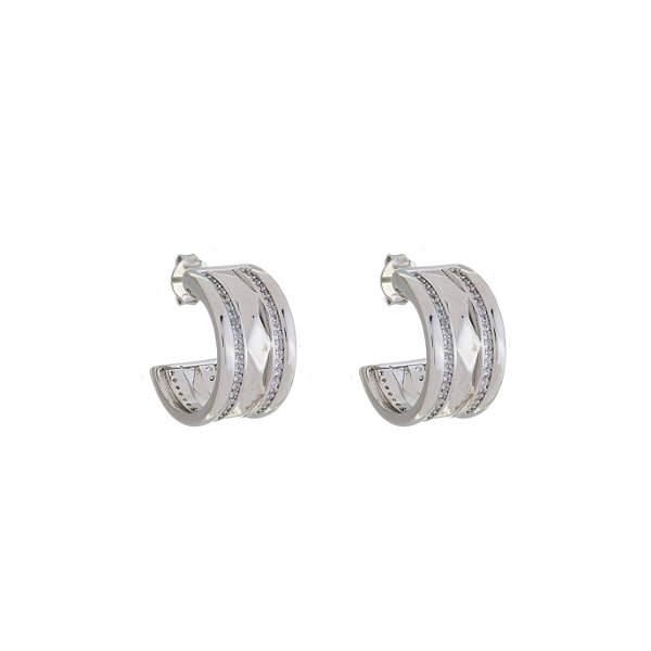 Brinco Argola Bordas com Zircônias Banho Ródio Branco