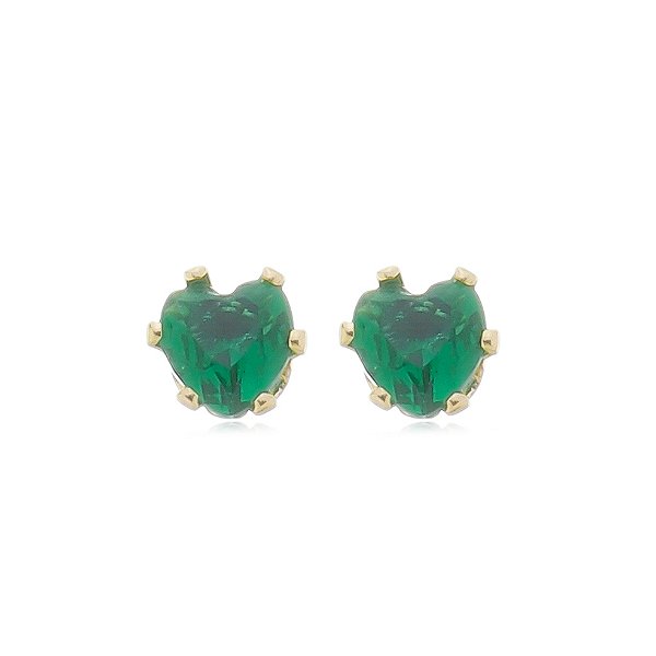 Brinco Coração Verde Esmeralda Médio Banho Ouro 18k