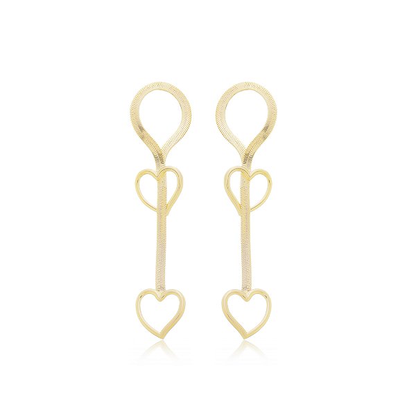 Brinco Corações Fio Laminado Banho Ouro 18k