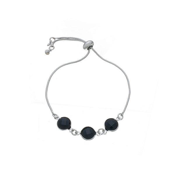 Pulseira Regulável Cristal Preto Banho Ródio Branco