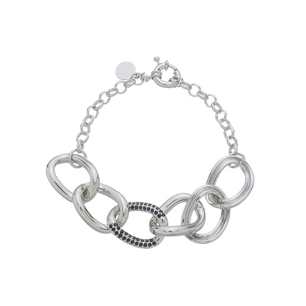 Pulseira Elos Largos Com Zircônias Pretas Banho Ródio Branco
