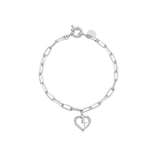 Pulseira Coração com Cruz Banho Ródio Branco